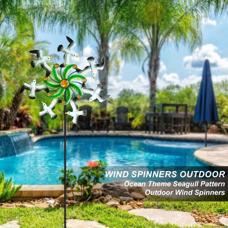 Senflame Seagull Wind Spinners - 39" Ocean-Themed Metal Wind Sculptures Garden Stake Art, 13.5” Windmill Yard Kinetic, Outdoor Decor for Patio & Lawn - Metal Beach Sculpture with Seagull Design - Image 2